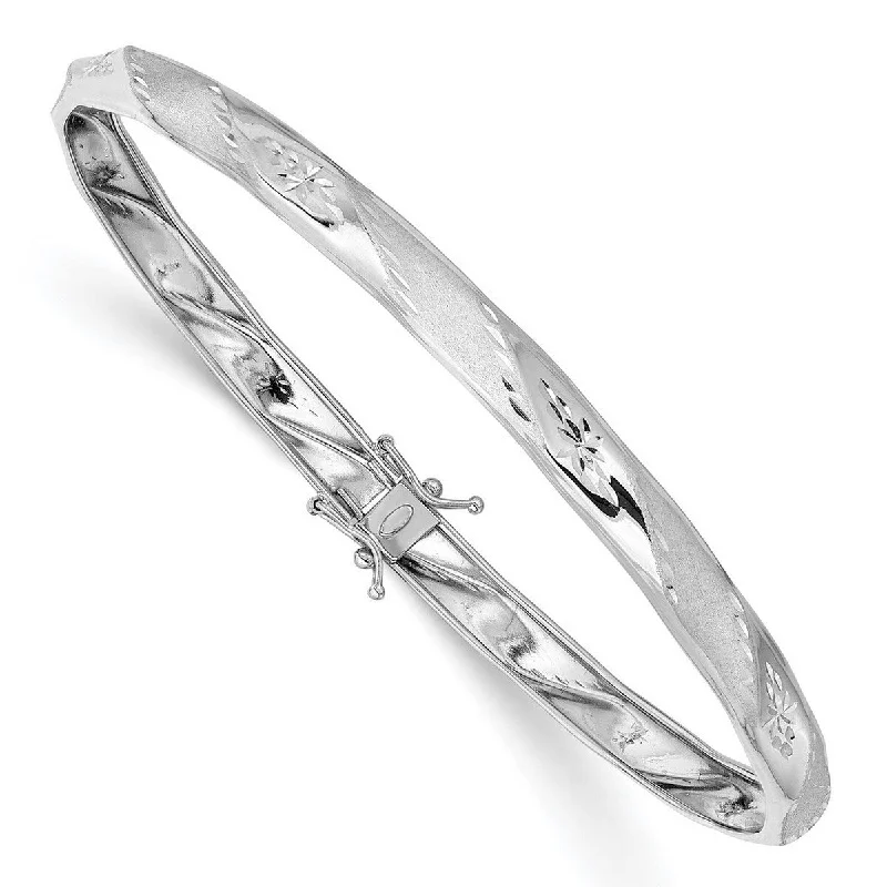 Curata 4.75mm 14k White Gold Satin Sparkle Cut Flexible Cuff Stackable Bangle