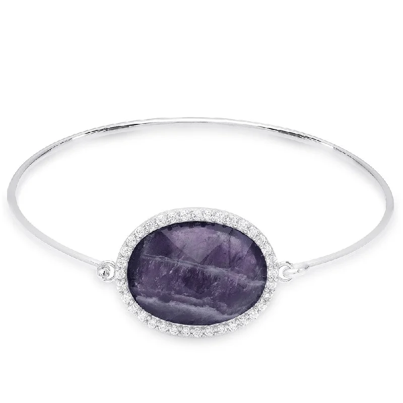 Dolce Giavonna Sterling Silver Oval Gemstone and Cubic Zirconia Bangle