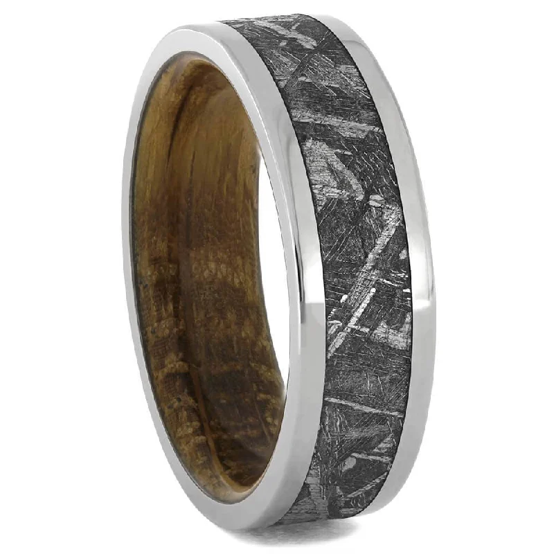 Perfect Meteorite Ring with Whiskey Barrel Wood Sleeve